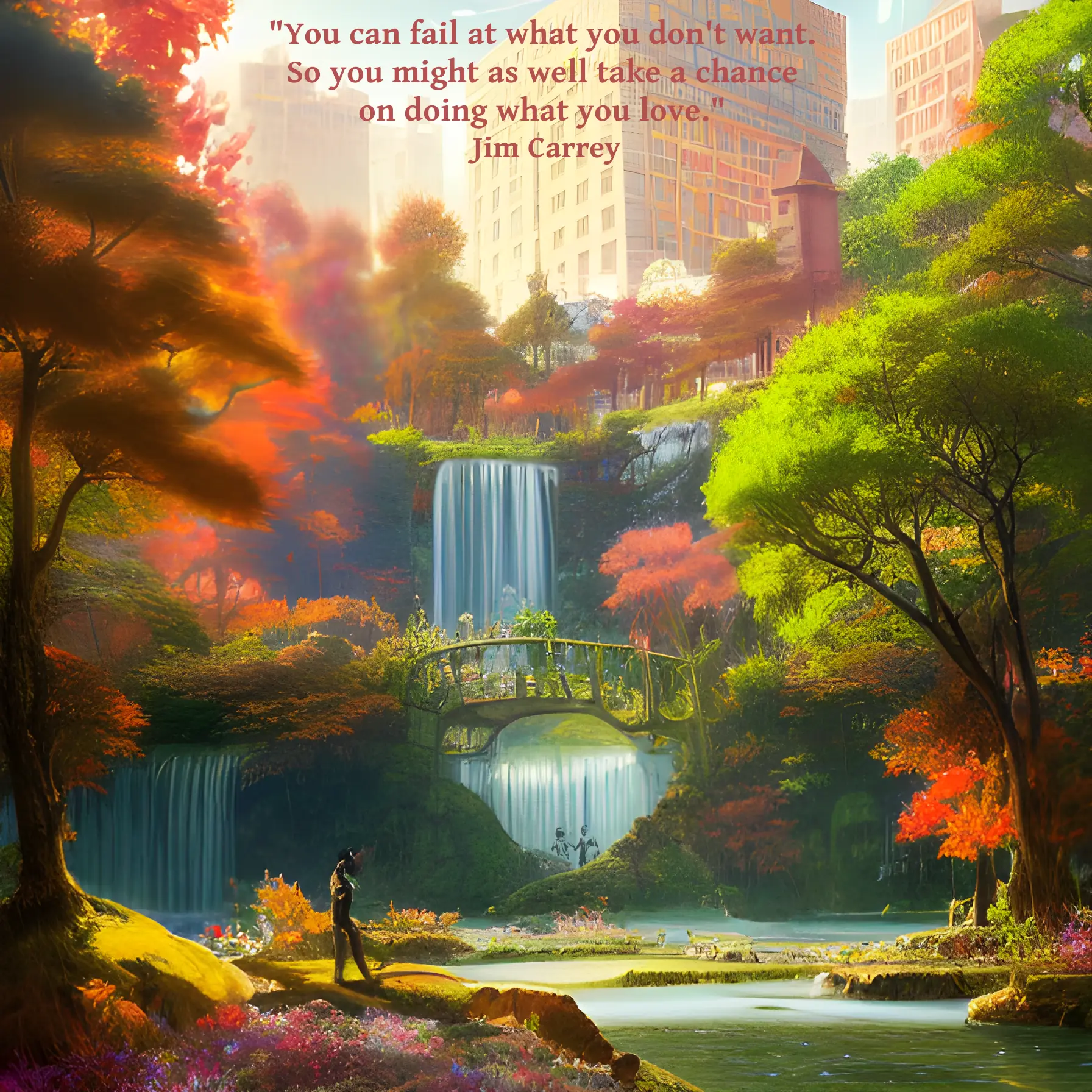 An artistic rendering of a waterfall in a park with a big city in the background. The quote reads: "You can fail at what you don't want. So you might as well take a chance on doing what you love." Jim Carrey