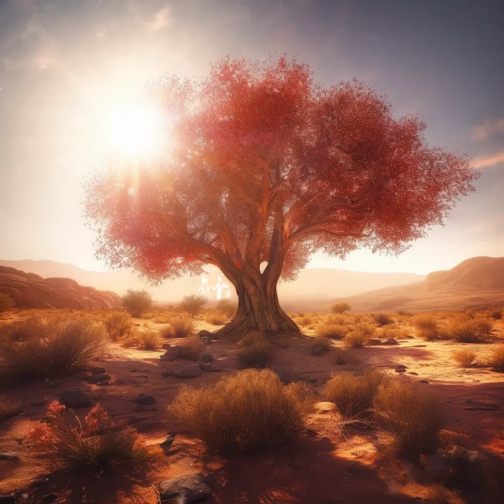 An artistic rendering of a majestic tree in a desert setting. The sun shines through and on it.
