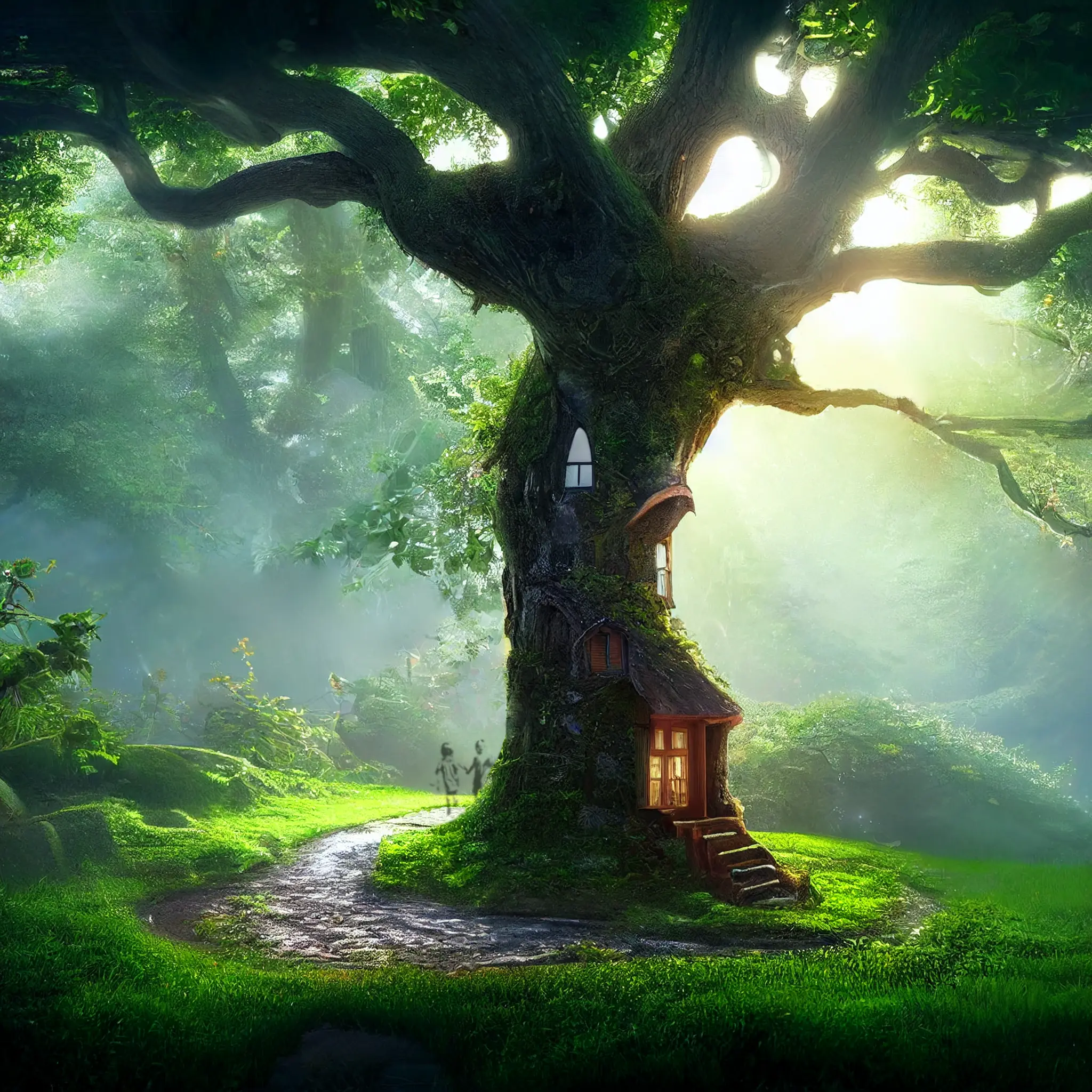 An artistic rendering of a home that has grown into the trunk of a tree.