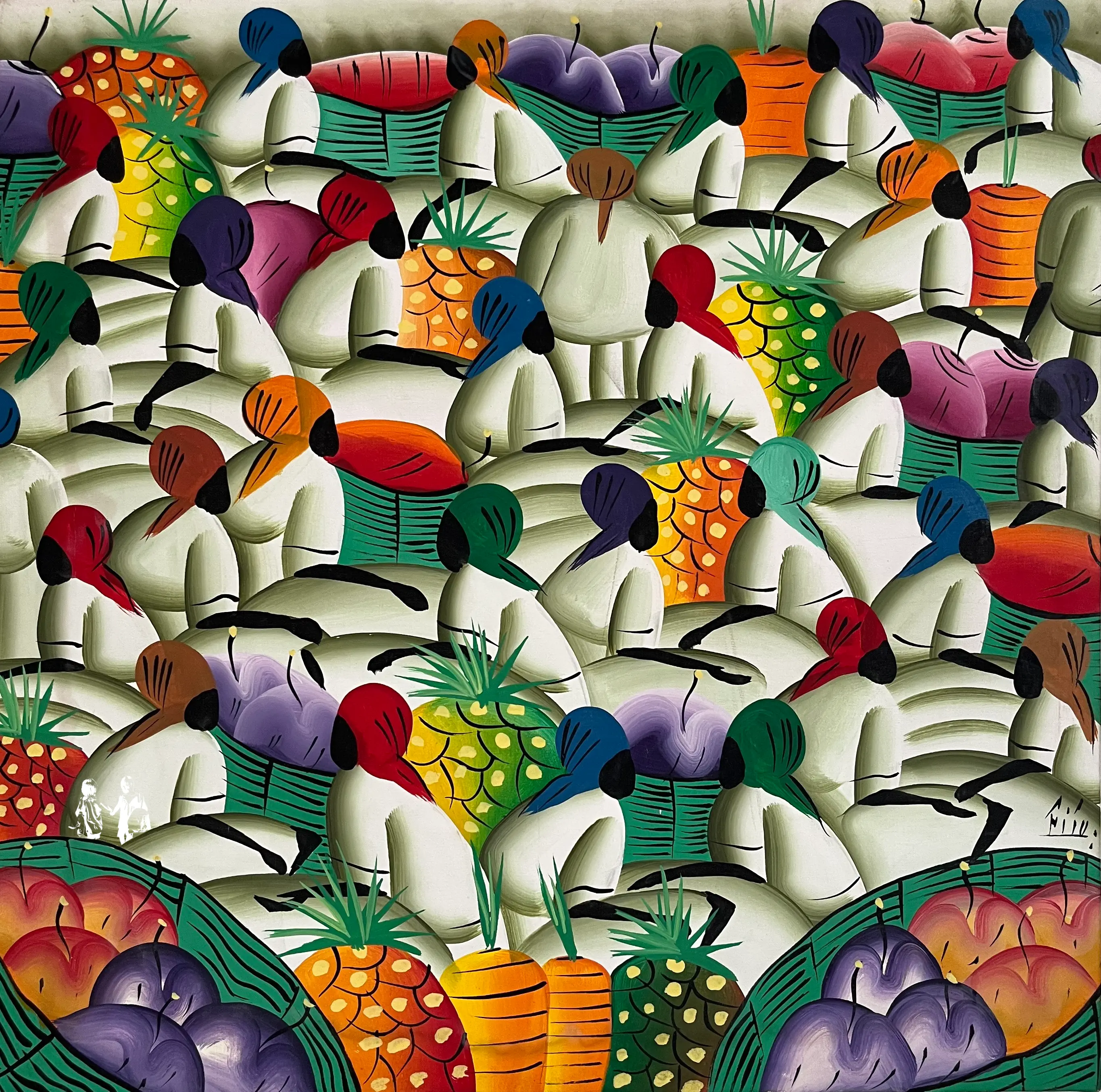 A beautiful, abstract, colourful painting of Cuban people and fruits