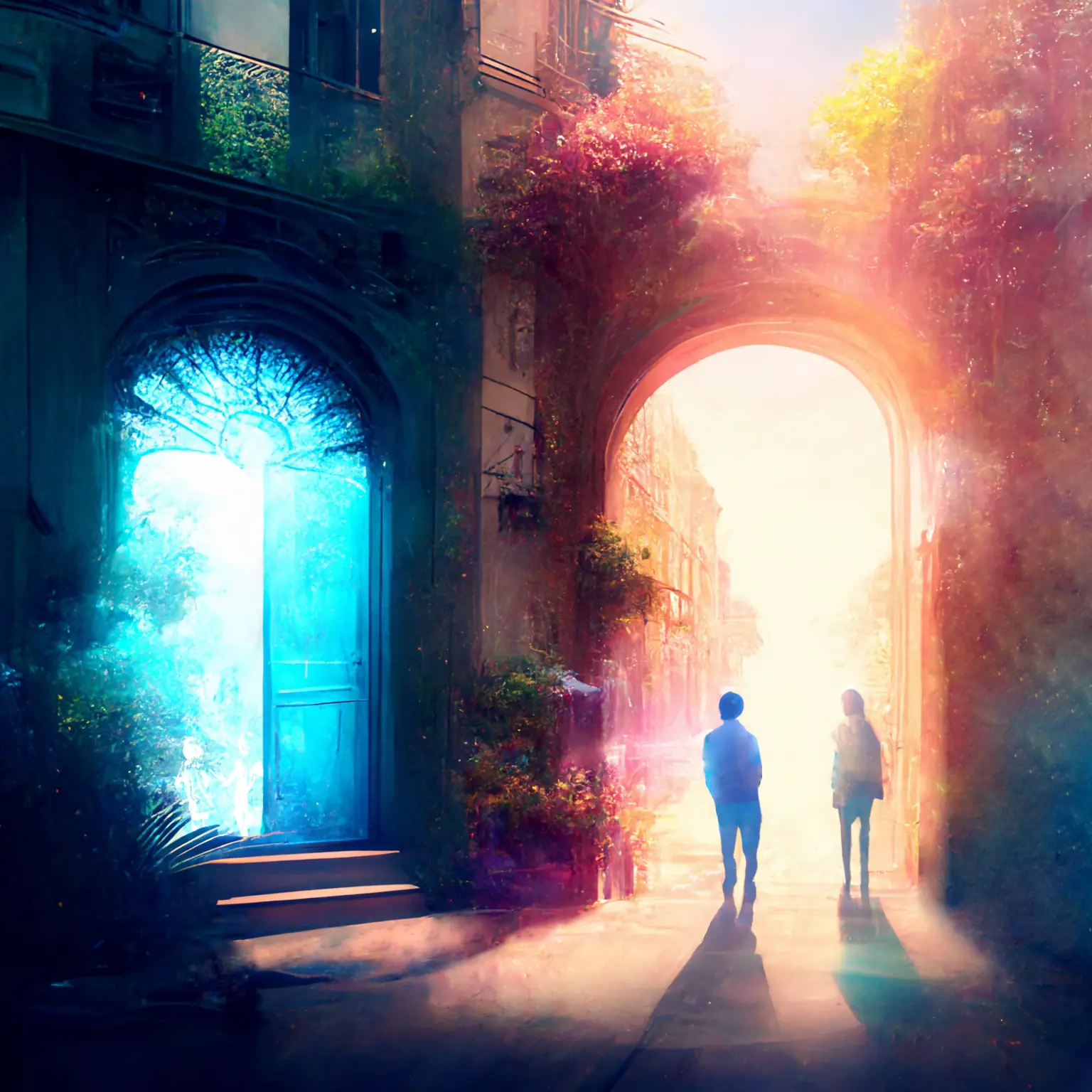 Two people are looking out a doorway toward a bright day, the sun makes everything hazy. Beside them is another doorway to another bright day bathed in blue light.