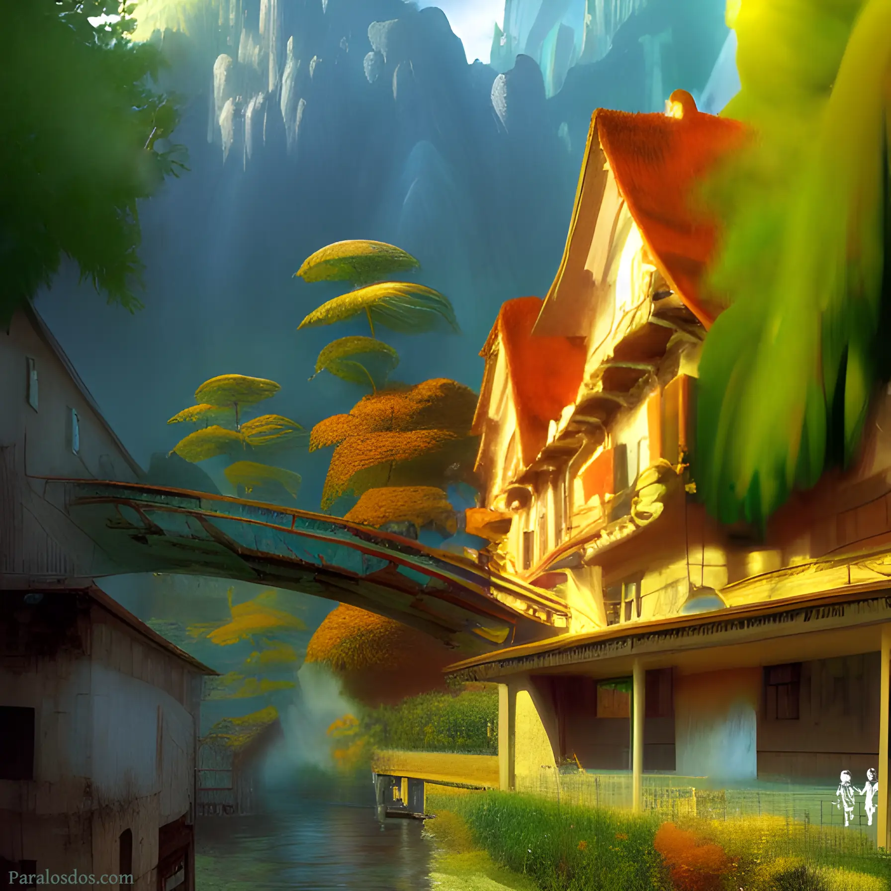 An artistic rendering of a mountain village. There is a bridge over a river leading to the upper floors of a house.