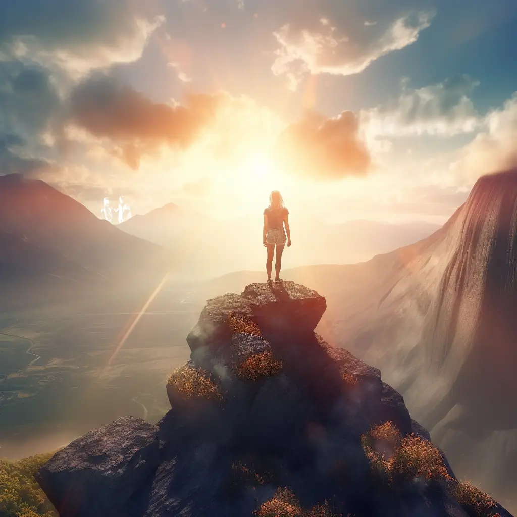 A young woman stands on top of a mountain looking into the sunset over a valley.