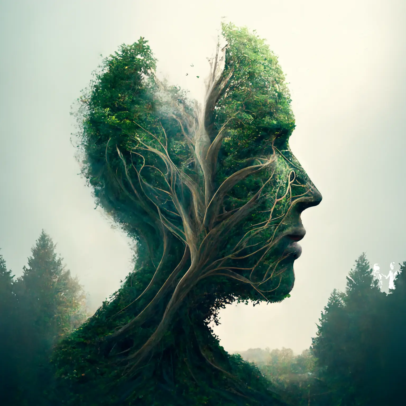 A side view of a person's head, the head has morphed into a tree which has an opening at the top. Branches run throughout like veins. The eyes are closed and the person look contemplative and content.