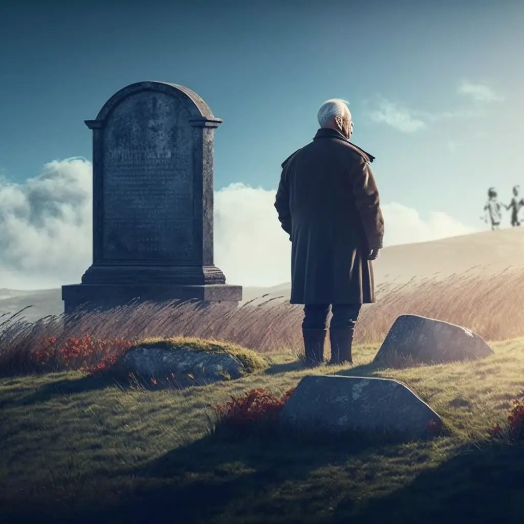 An older man stands beside a large gravestone in a field. He is staring off into the distance.