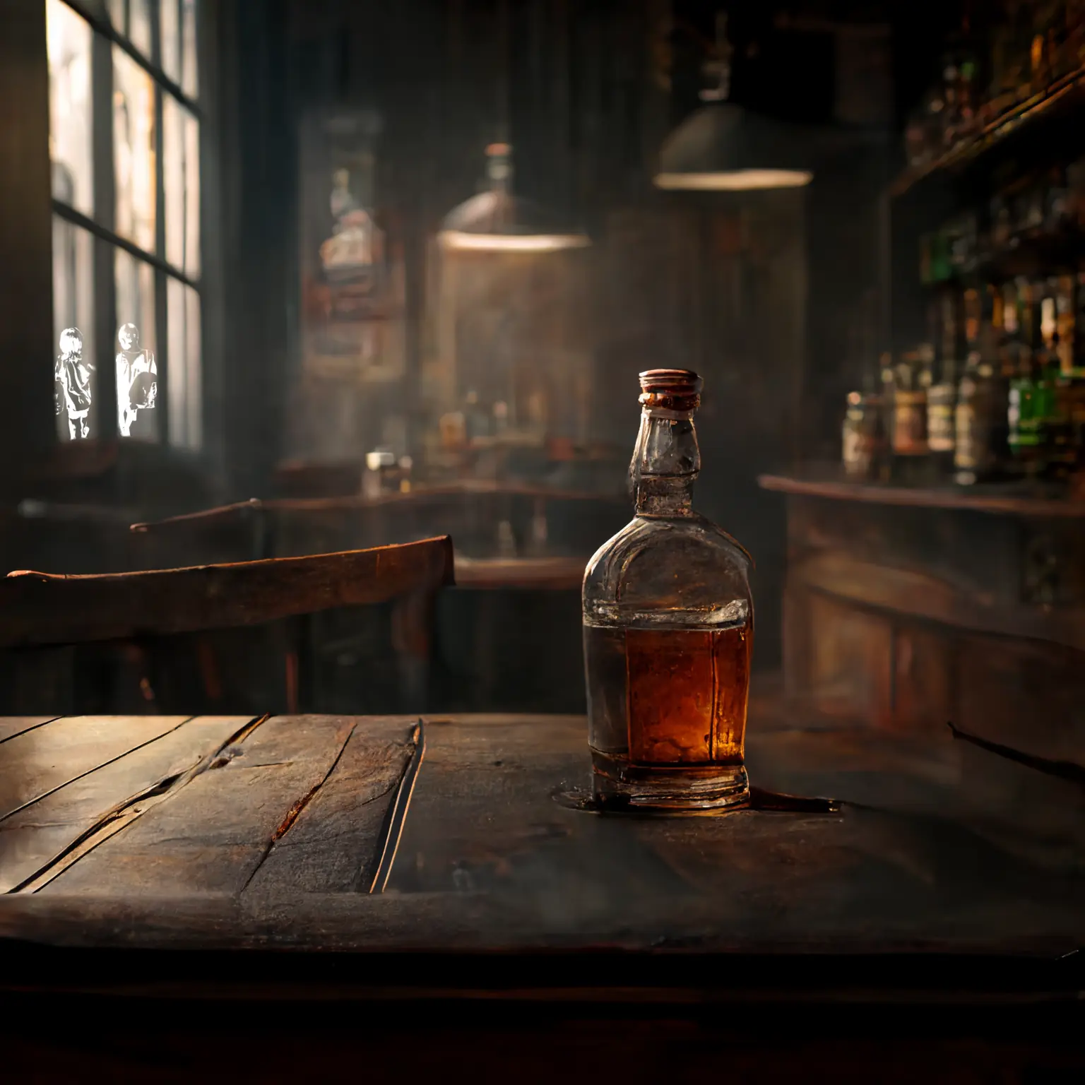 A bottle of whiskey sits on a counter top in an old bar.