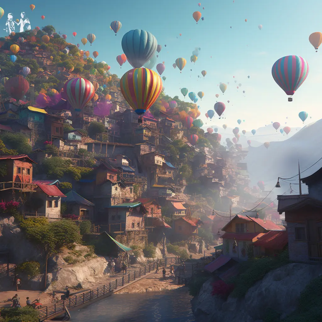 A village with lots of colourful houses going from a dirt road up a small mountain. The sky is filled with balloons with baskets attached.