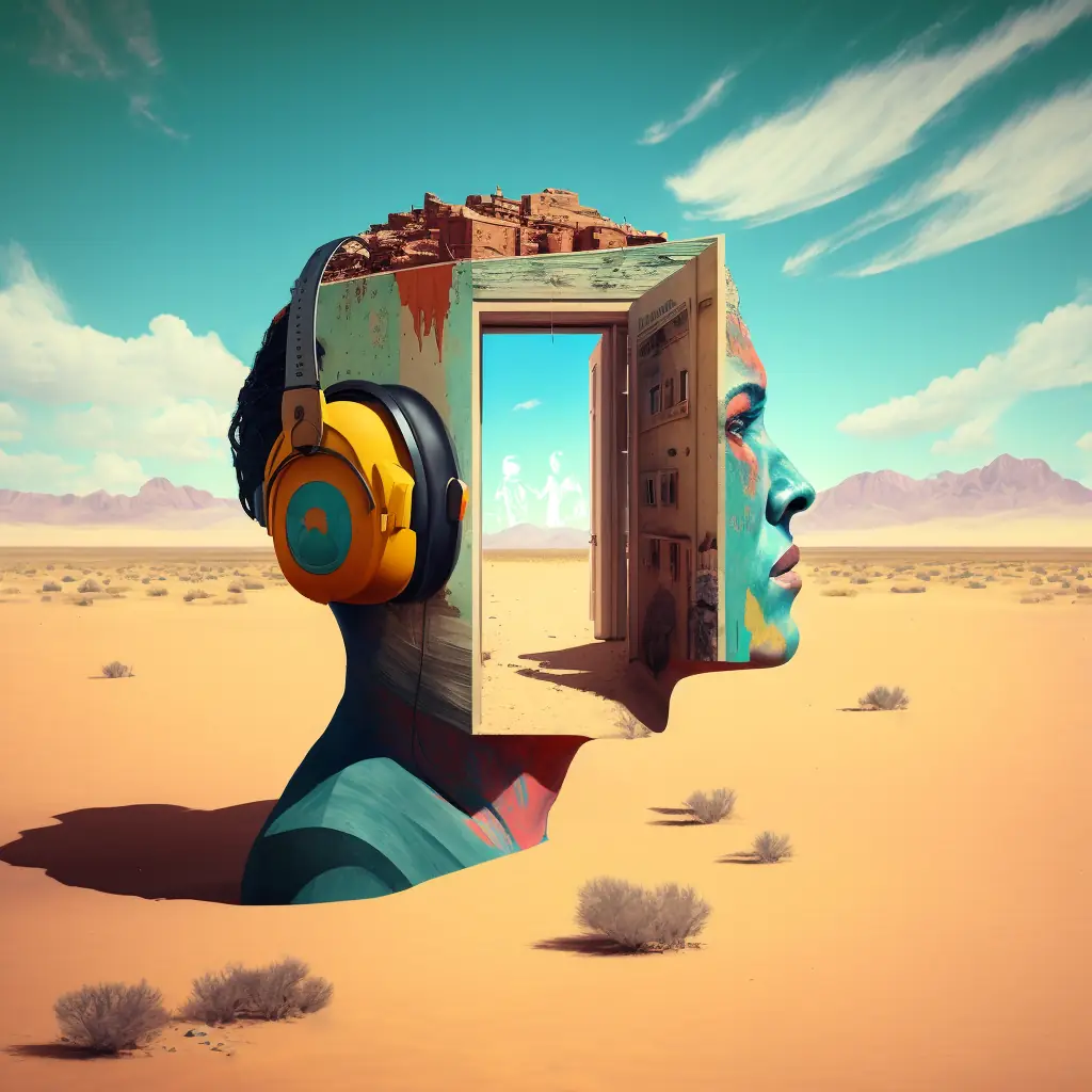A fantastical image of a woman's head and shoulders resting in the sand. She is colourful and wearing full headphones. There is an open door set in her head that you can see through.