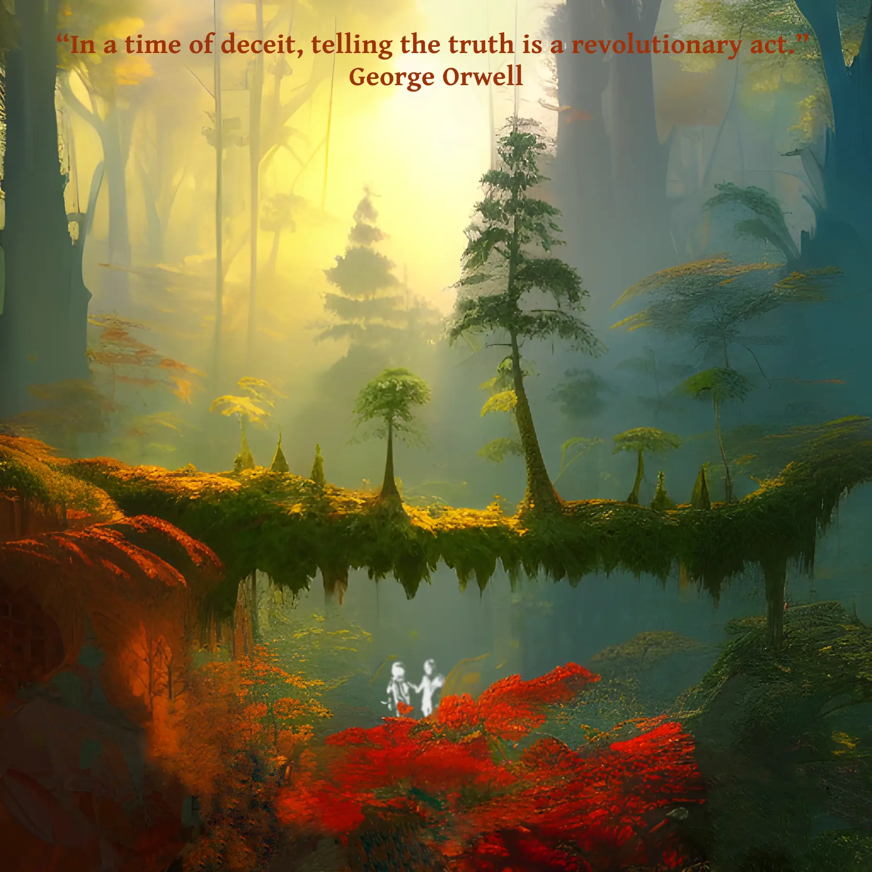 An artistic rendering of a forest. There is an overgrown bridge in the middle of the image that has trees growing up from it. A quote reads: “In a time of deceit, telling the truth is a revolutionary act.” - George Orwell