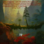 An artistic rendering of a forest. There is an overgrown bridge in the middle of the image that has trees growing up from it. A quote reads: “Political language — and with variations this is true of all political parties, from Conservatives to Anarchists — is designed to make lies sound truthful and murder respectable, and to give an appearance of solidity to pure wind.” - George Orwell