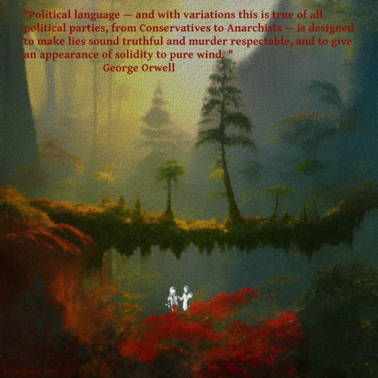 An artistic rendering of a forest. There is an overgrown bridge in the middle of the image that has trees growing up from it. A quote reads: “Political language — and with variations this is true of all political parties, from Conservatives to Anarchists — is designed to make lies sound truthful and murder respectable, and to give an appearance of solidity to pure wind.” - George Orwell