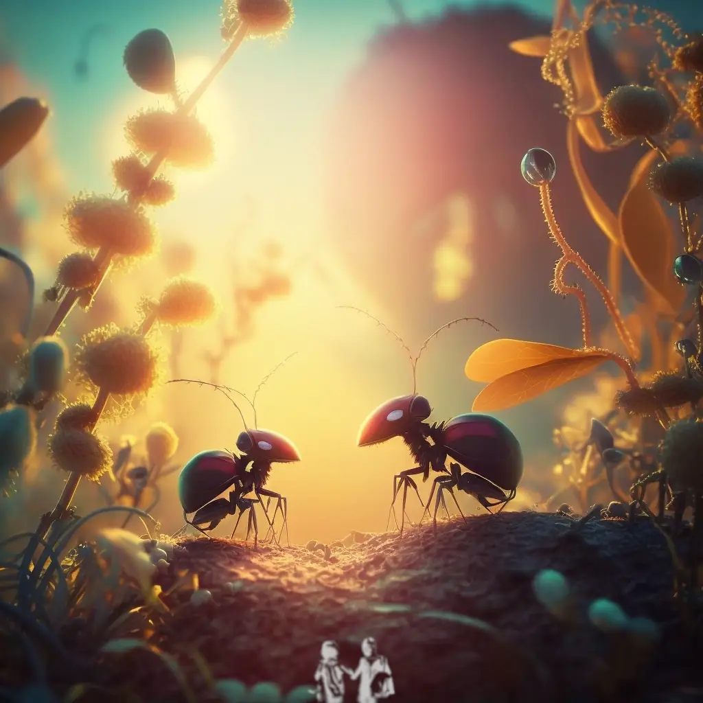 An artistic rendering of two ants chatting.