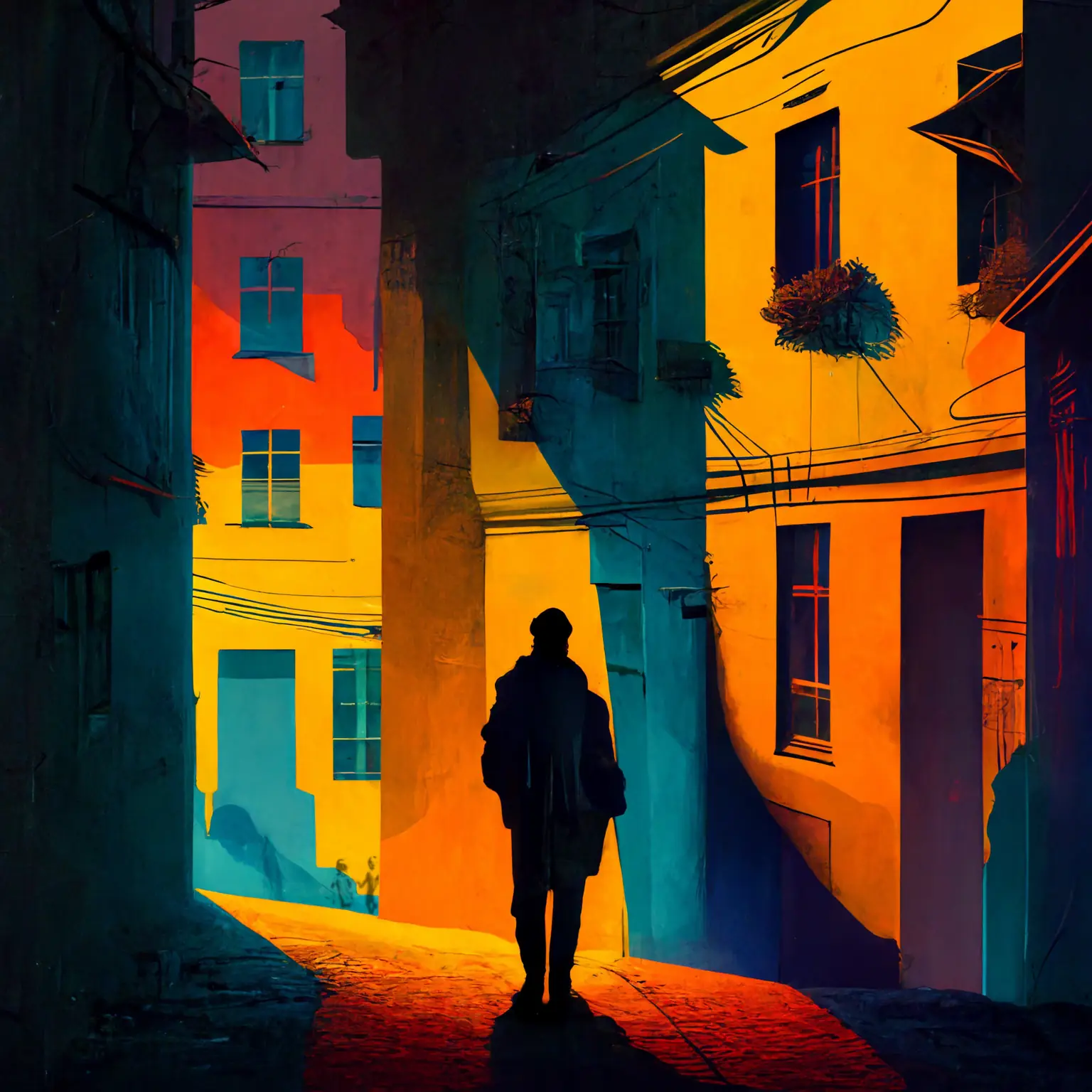 An artistic rendering of a figure in shadow walking towards the light on an old hilly cobblestone path between buildings, in a European like town.