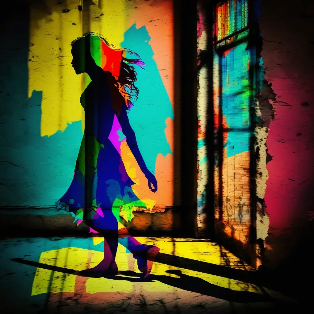 An very colourful artistic rendering of a woman walking walking through light and shadow.