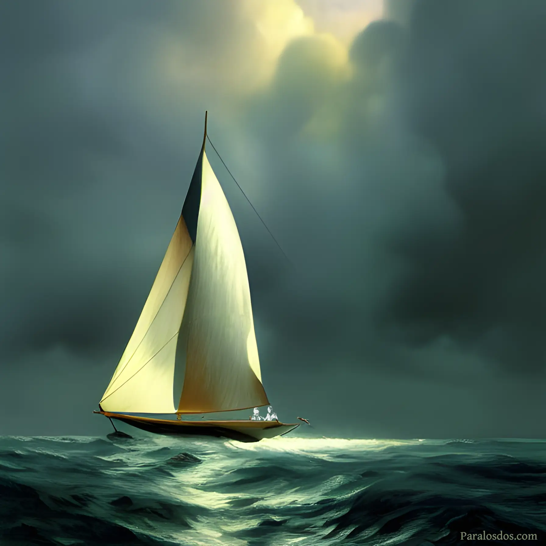 An artistic rendering of a small sailboat on rough water.