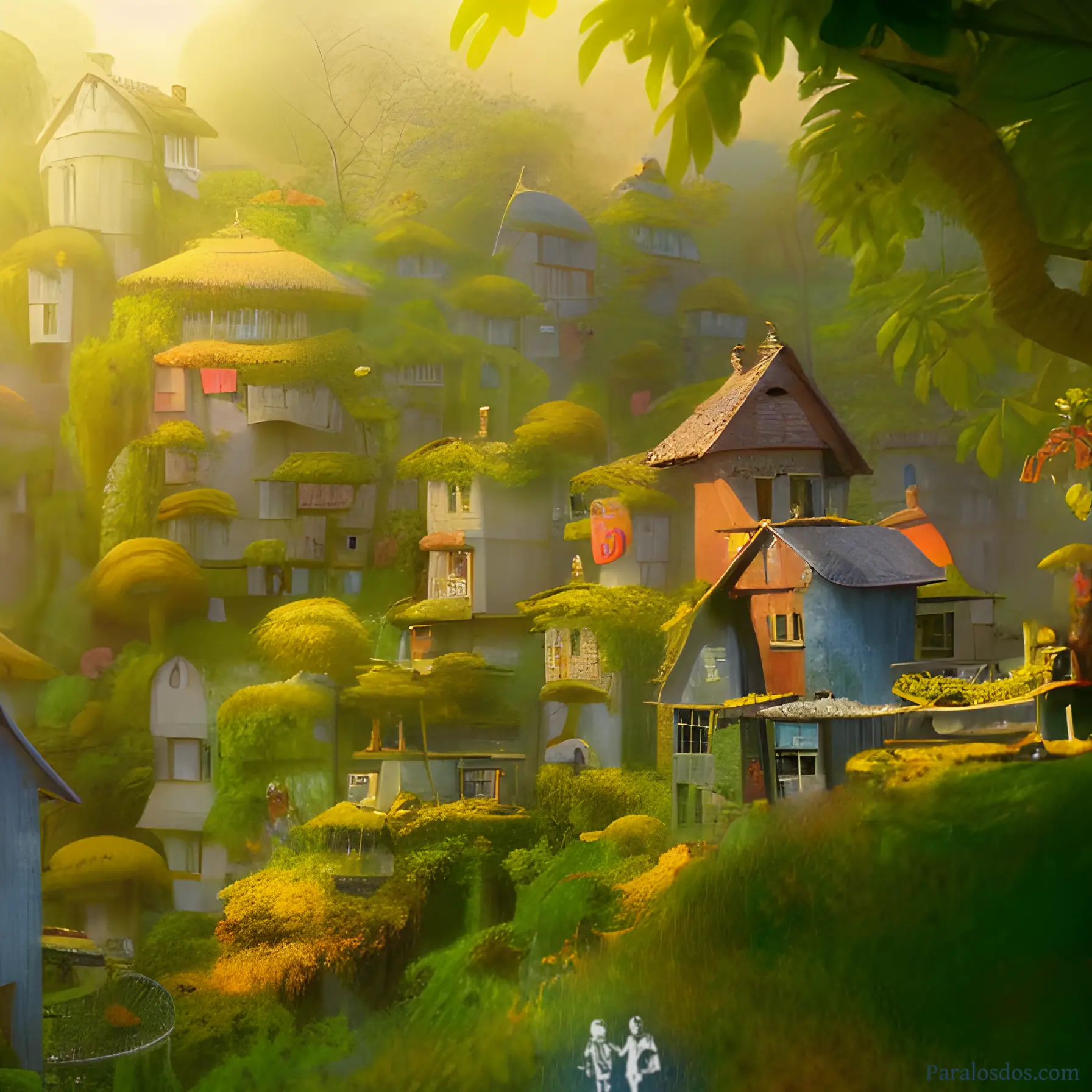An artistic rendering of a beautiful village, nestled into forest and hills.