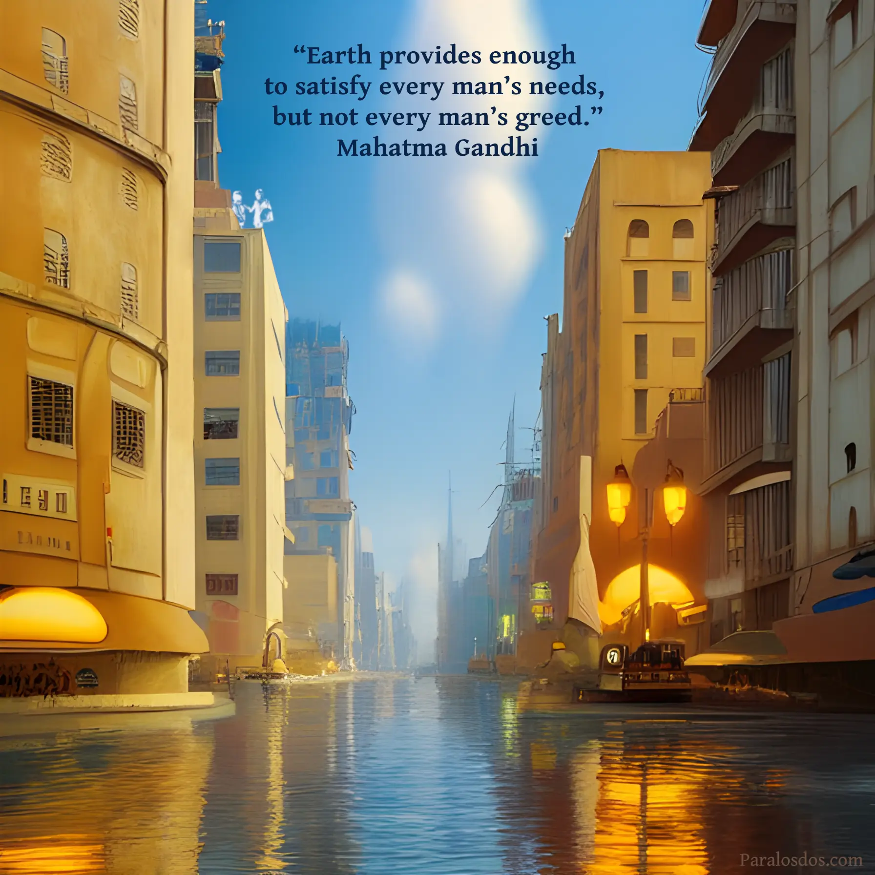 An artistic rendering of a city that appears to be flooded. A quote reads: “Earth provides enough to satisfy every man’s needs, but not every man’s greed.” - Mahatma Gandhi
