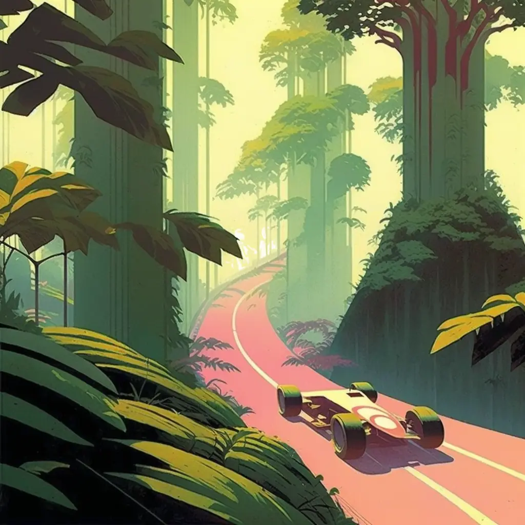 An artistic rendering of a race car travelling through the jungle.