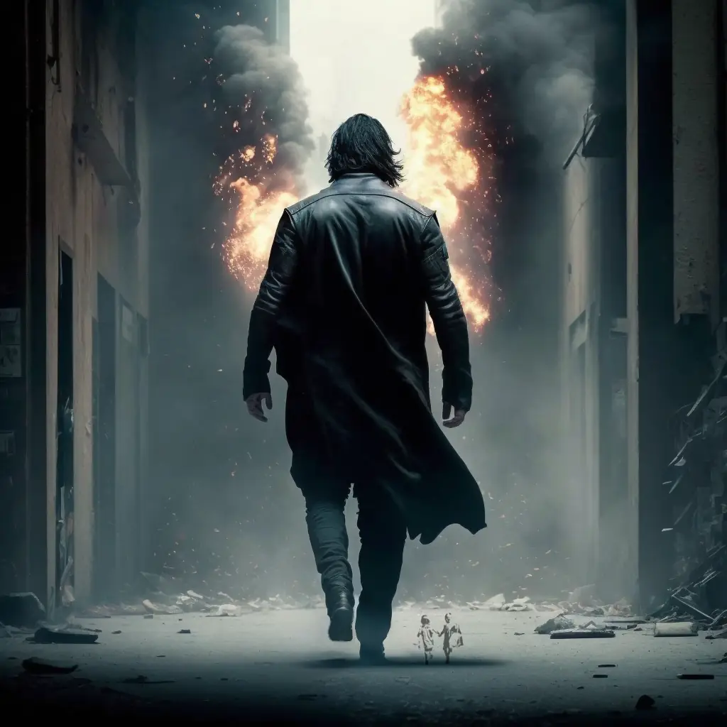 A man is walking towards a fire. From the back, he looks like he could be Keanu Reeves.