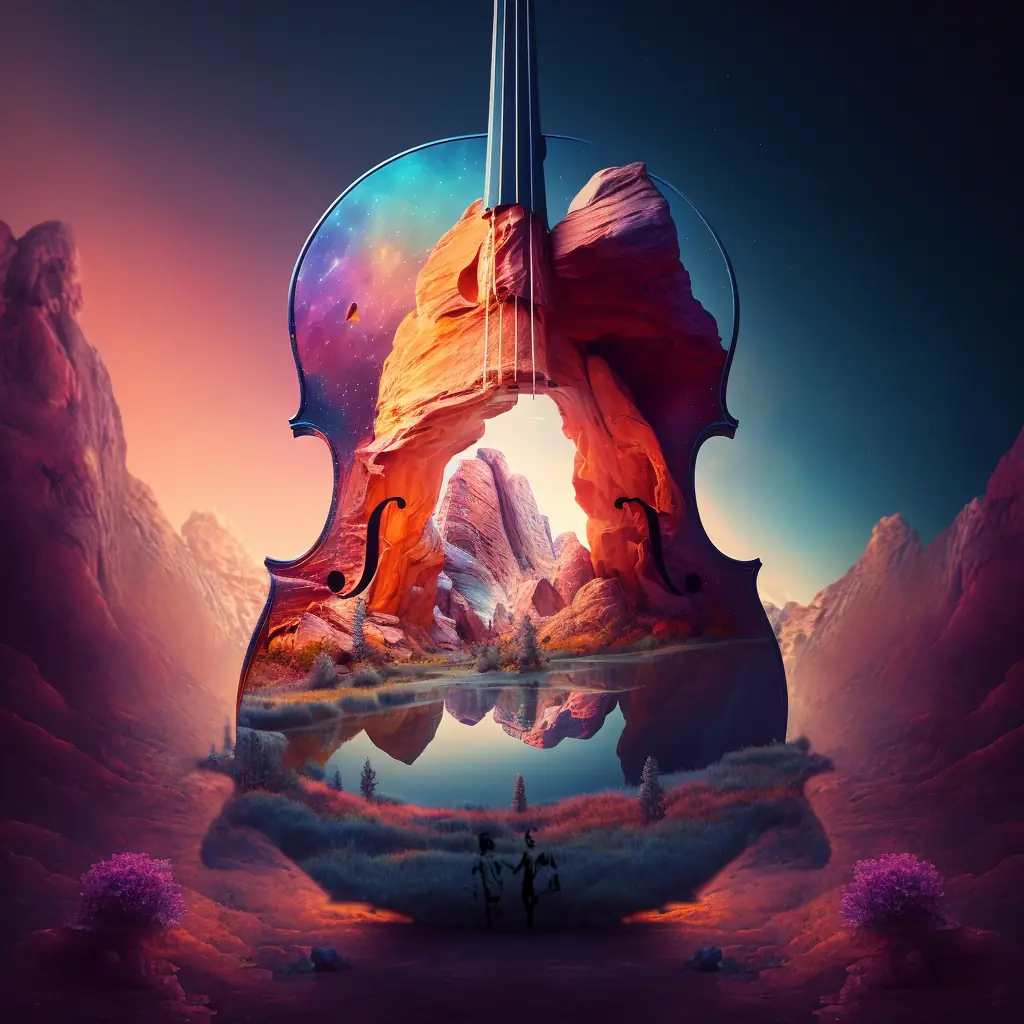 A fantastical artistic rendering of a cello that is morphing into a mountain background while vistas can be seen within it.