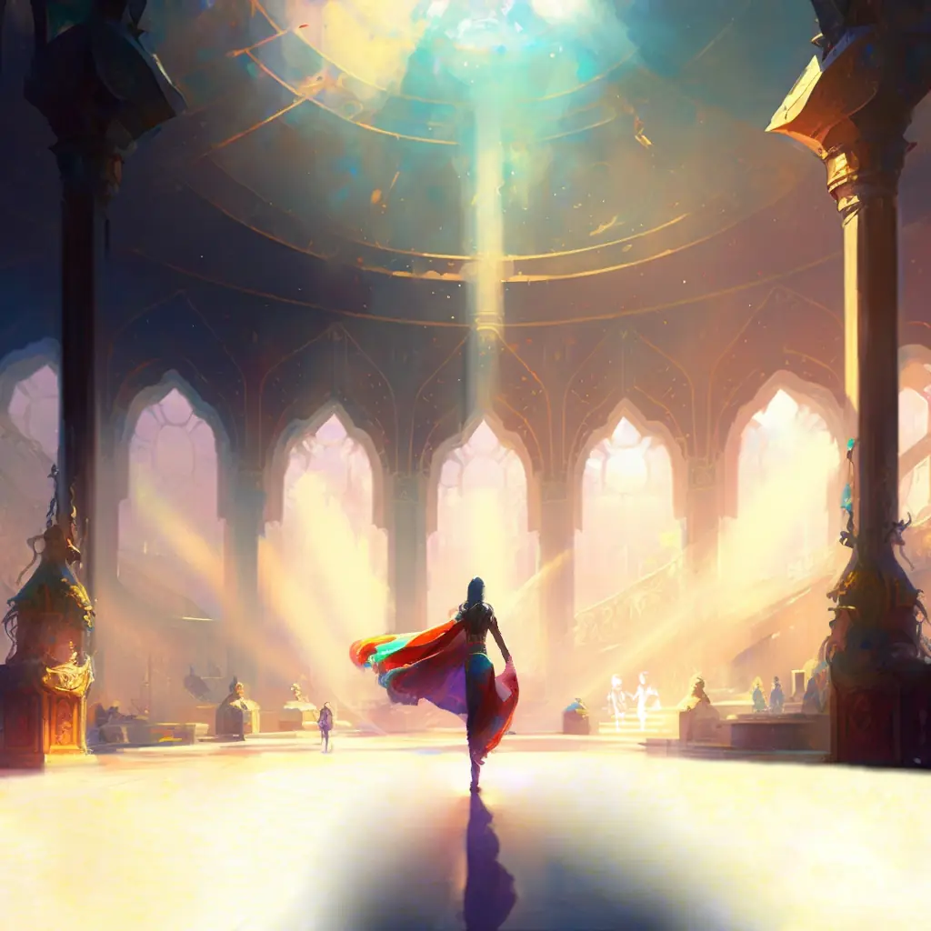An artistic rendering of a colourful figure is dancing in the middle of a hall. Bright light is pouring in through arches and from the ceiling.