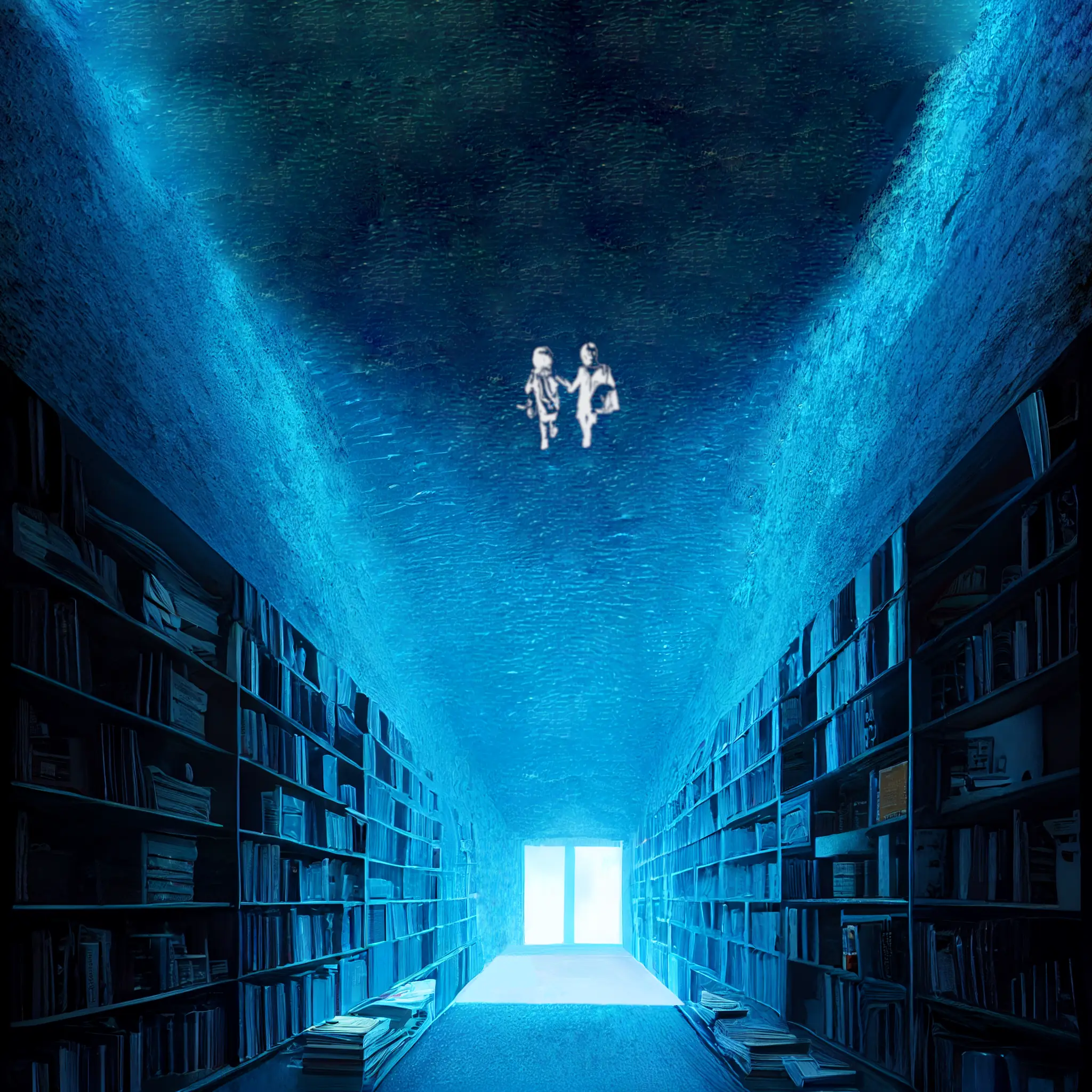 An artistic rendering of a blue room is telescoping away, there is a door or window, that is bathed in bright white light, at the end. The ceiling looks like it might be made of water.