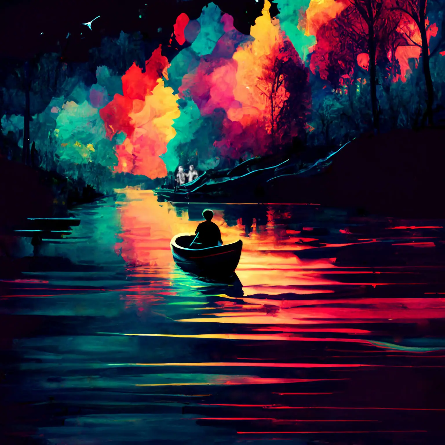 A colourful artistic rendering of a person in a canoe on a river in the woods.