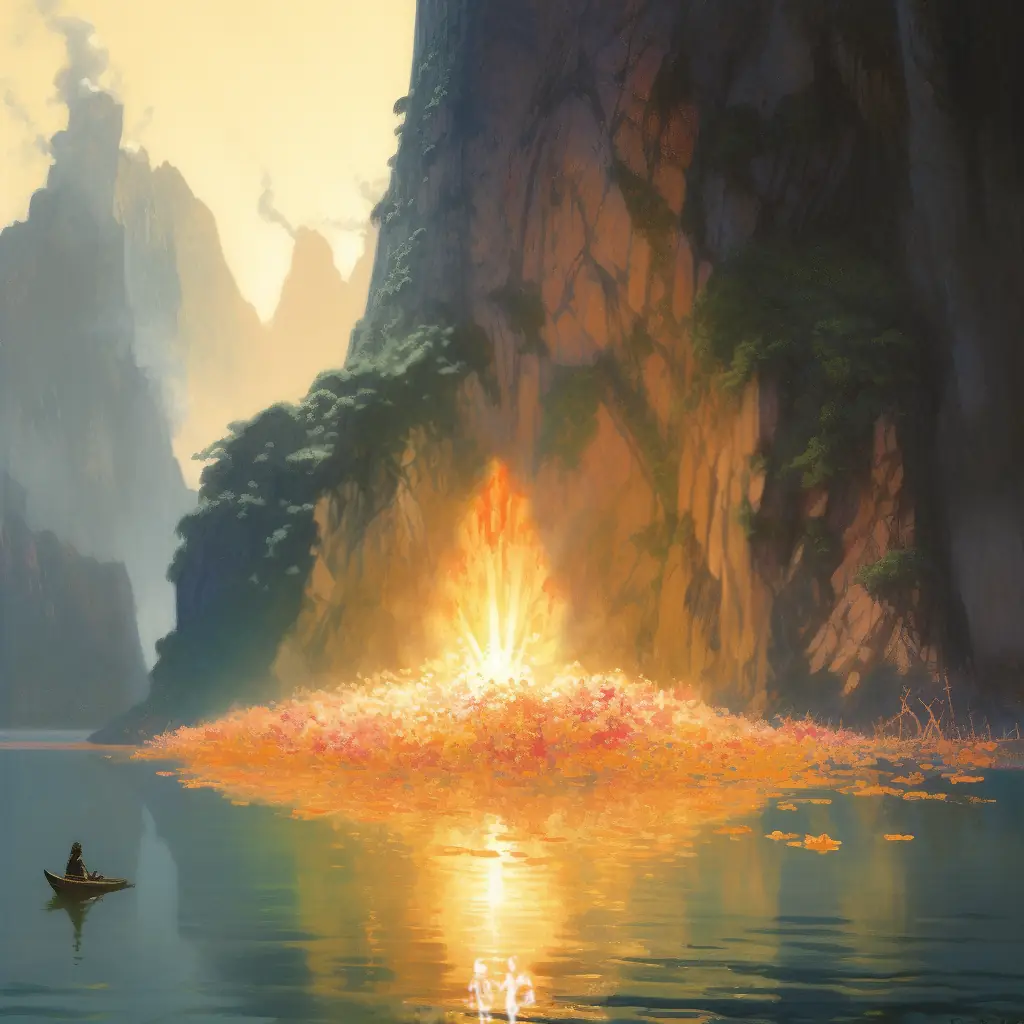 An artistic rendering of a fire at the bottom of a mountain. The fire seems to be floating on a lake. A figure sits in a canoe on the very calm lake and watches.