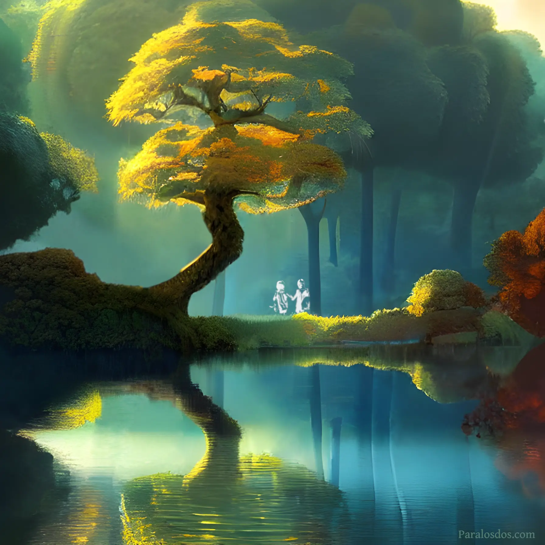 An artistic rendering of a beautiful, peaceful oak tree by a lake or river.