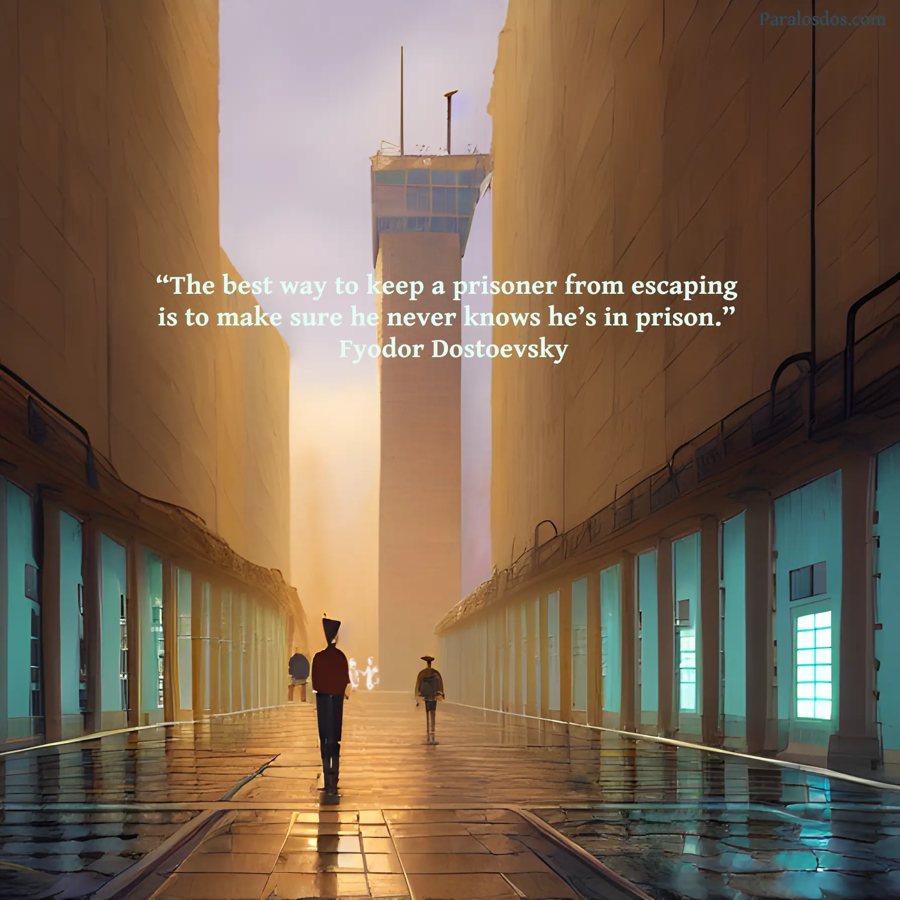 An artistic rendering of people walk in a sombre place. It could be a prison courtyard, it could be a pedestrian path between commercial and business buildings. The quote reds: “The best way to keep a prisoner from escaping is to make sure he never knows he’s in prison.” Fyodor Dostoevsky
