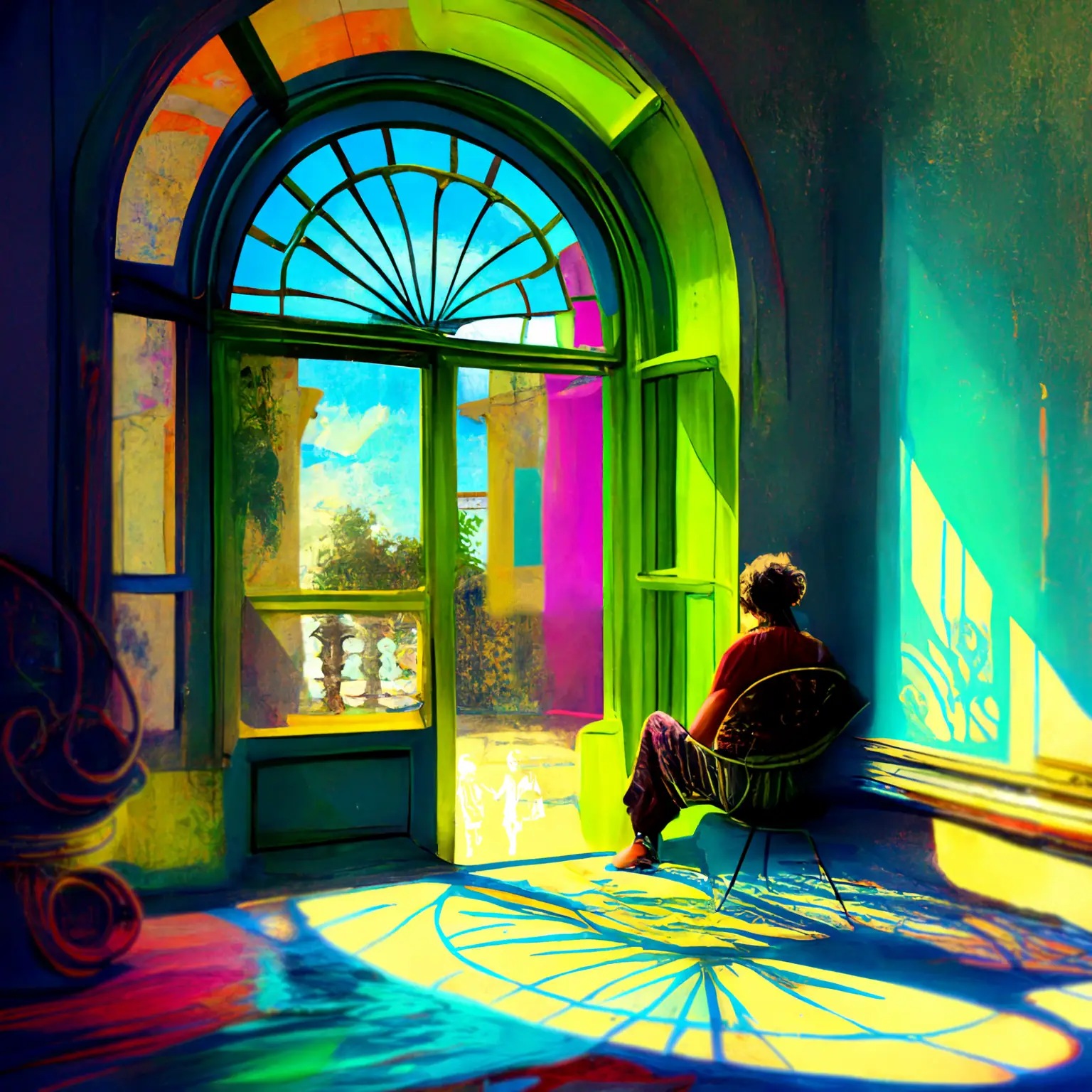 A colourful artistic rendering of a figure sitting in a chair in a room. The figure is facing an open door and looking out onto a bright, colourful courtyard.