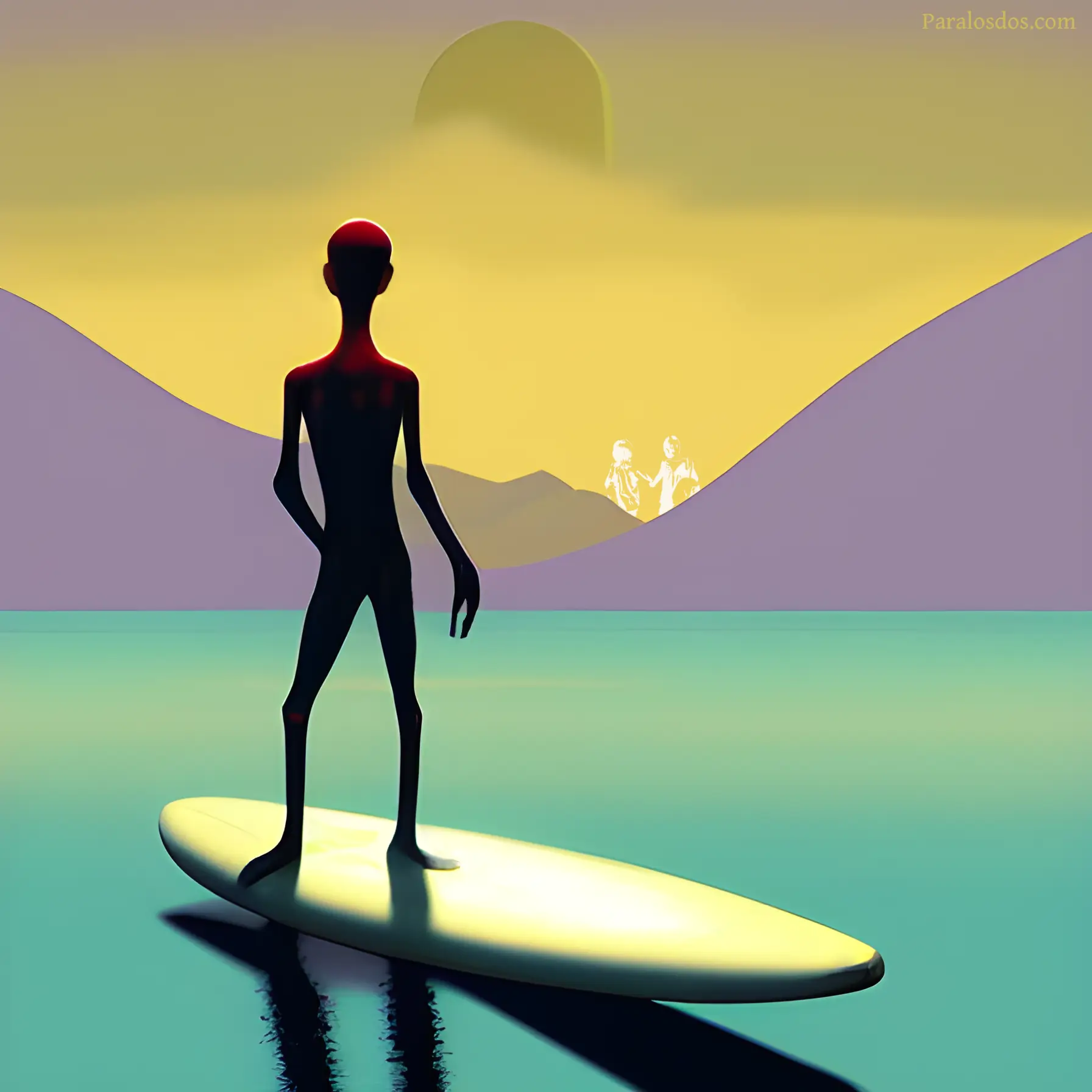 An artistic rendering of a thin, vaguely alien looking figure is standing on a floating surfboard. There are mountains and a sunset in the background.
