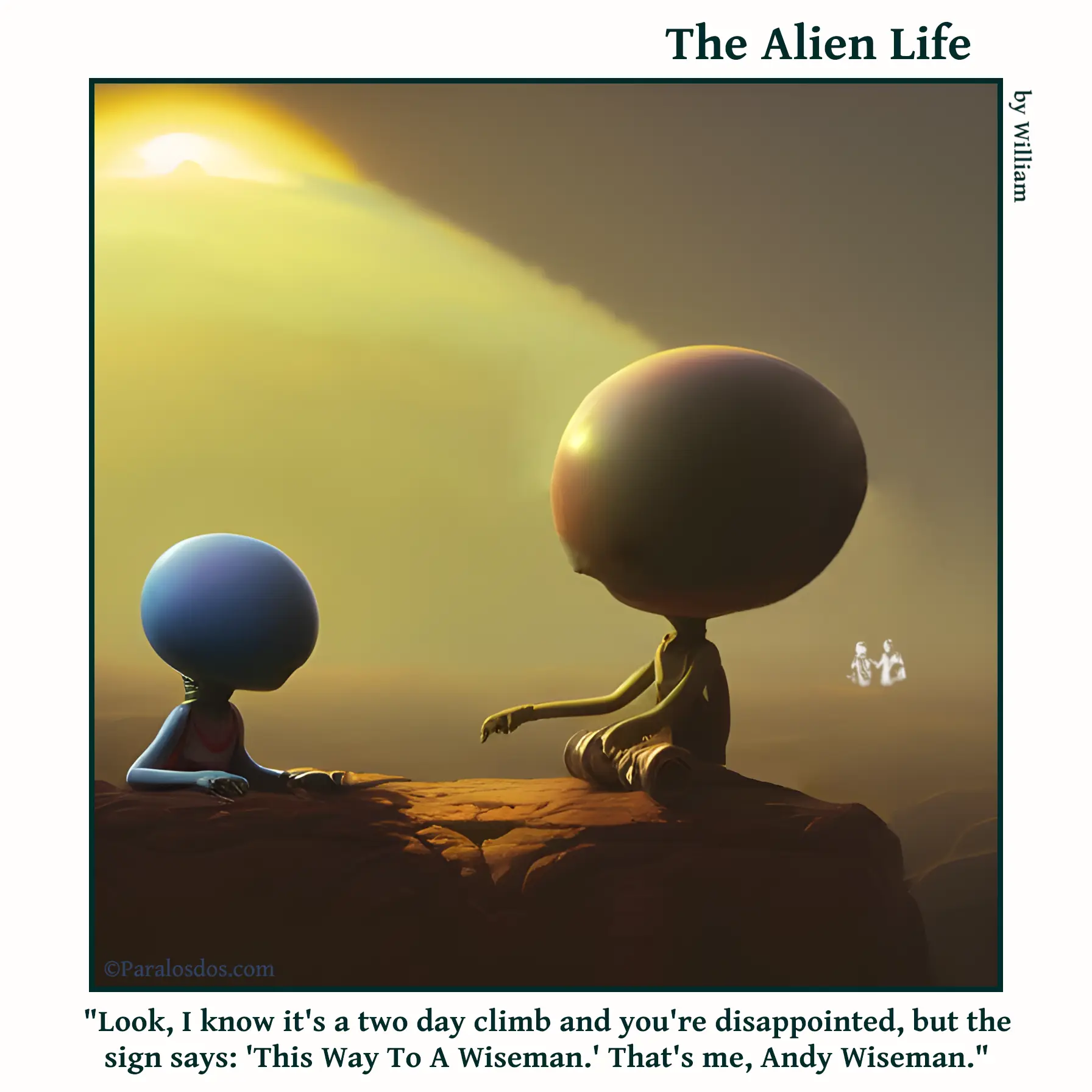 The Alien Life, one panel Comic. An alien has just reached the top of a mountain. He is looking at another alien seated at the top The caption reads: "Look, I know it's a two day climb and you're disappointed, but the sign says: 'This Way To A Wiseman.' That's me, Andy Wiseman."