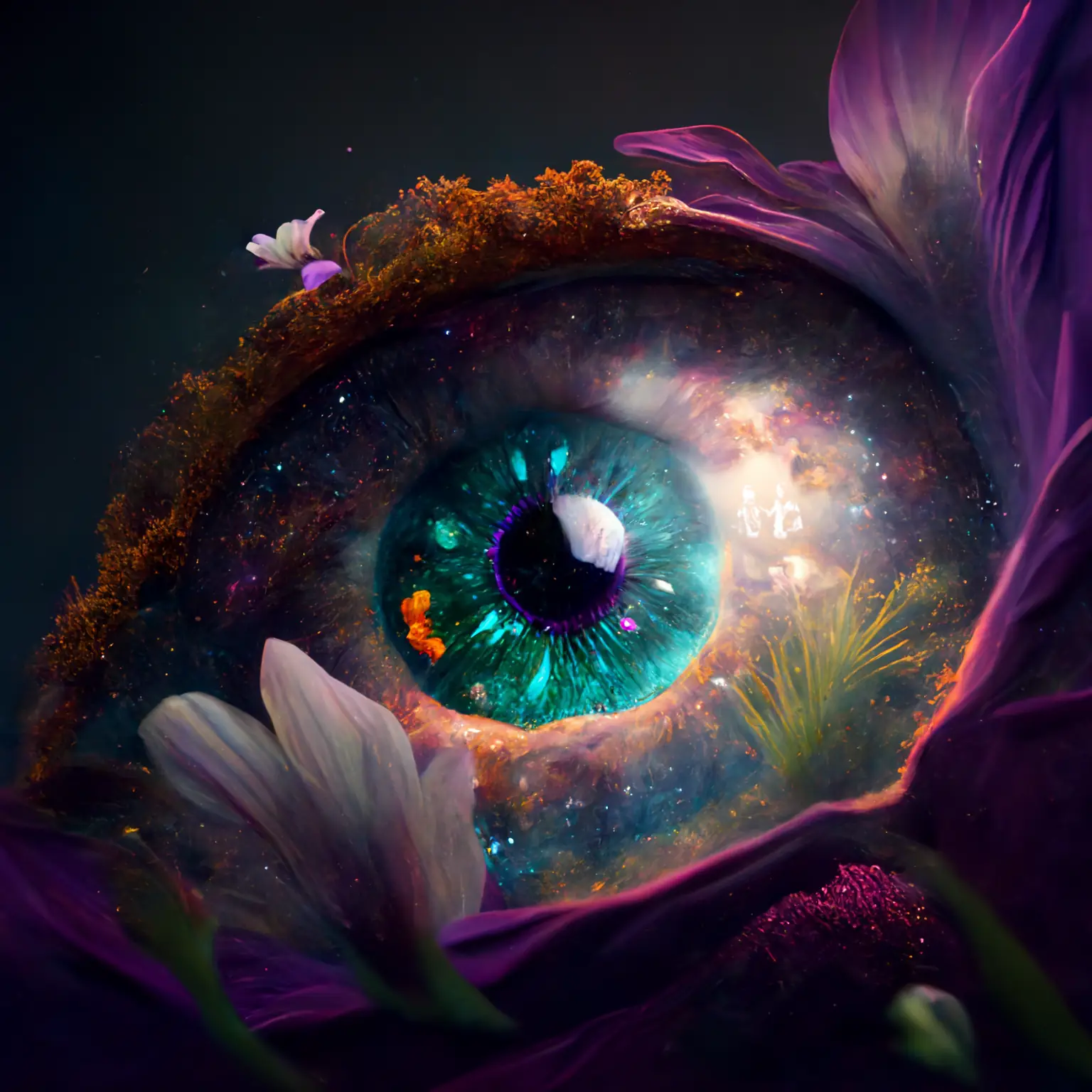A colourful artistic rendering of galaxies surrounding an eye that is underwater.