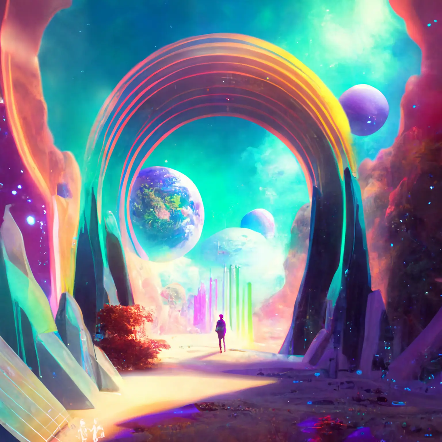 A colourful artistic rendering of a person standing under an arch looking out onto worlds.