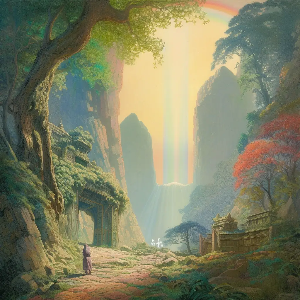 An artistic rendering of a small figure in the foreground that is paused in front of a jungle temple.
