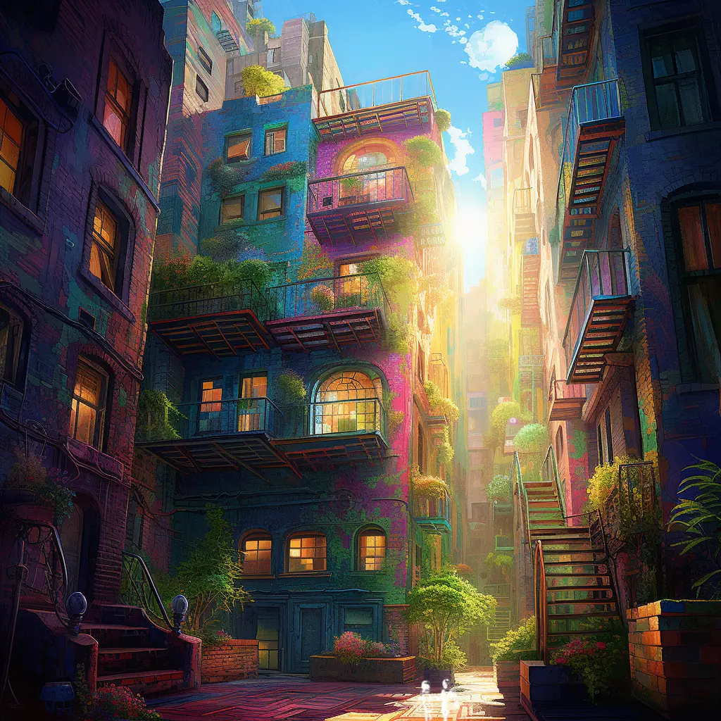 An artistic rendering of a colourful scene of a lane between 6-story townhouses. The view is up, that of a small child.