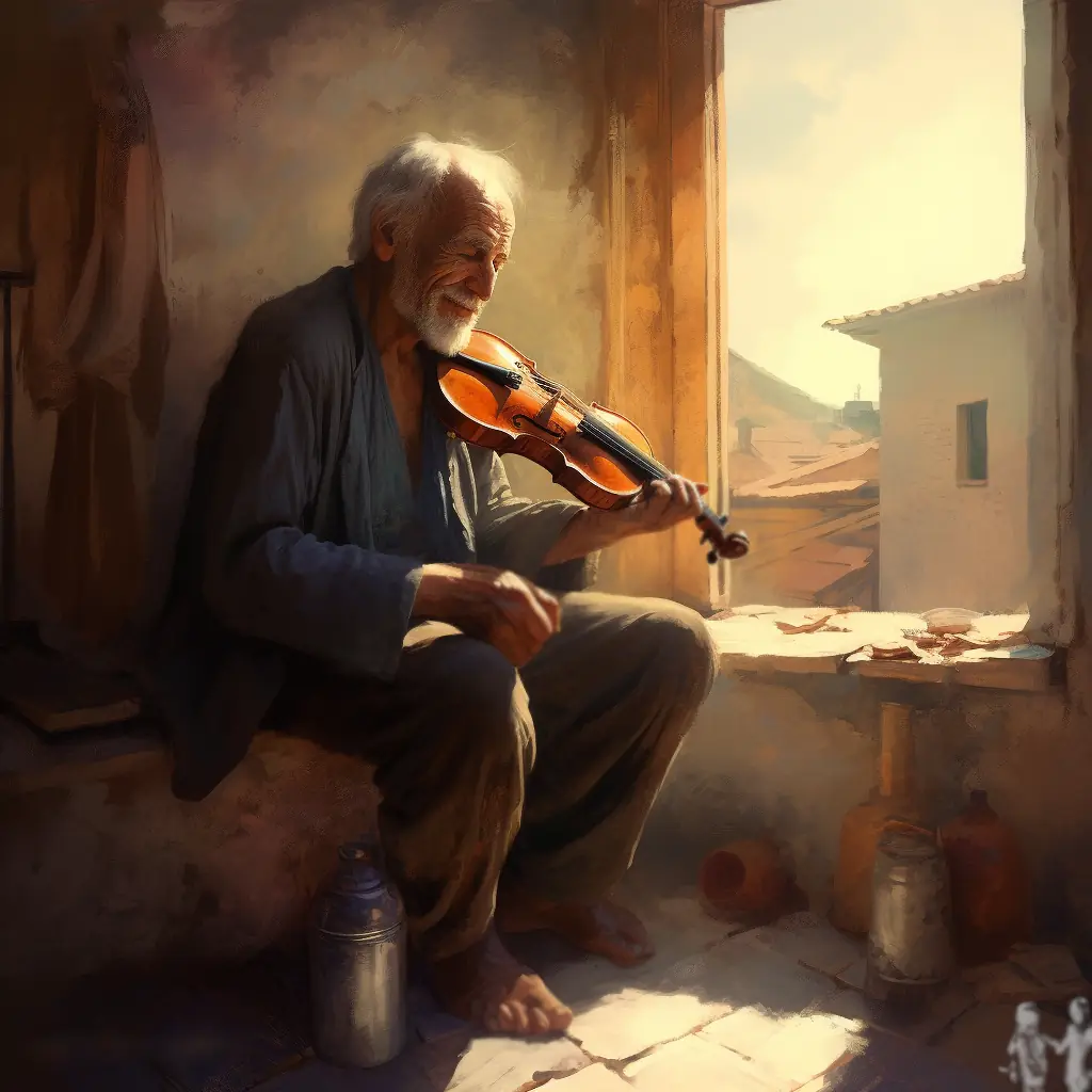 An artistic rendering of a happy old man peacefully holding a violin.