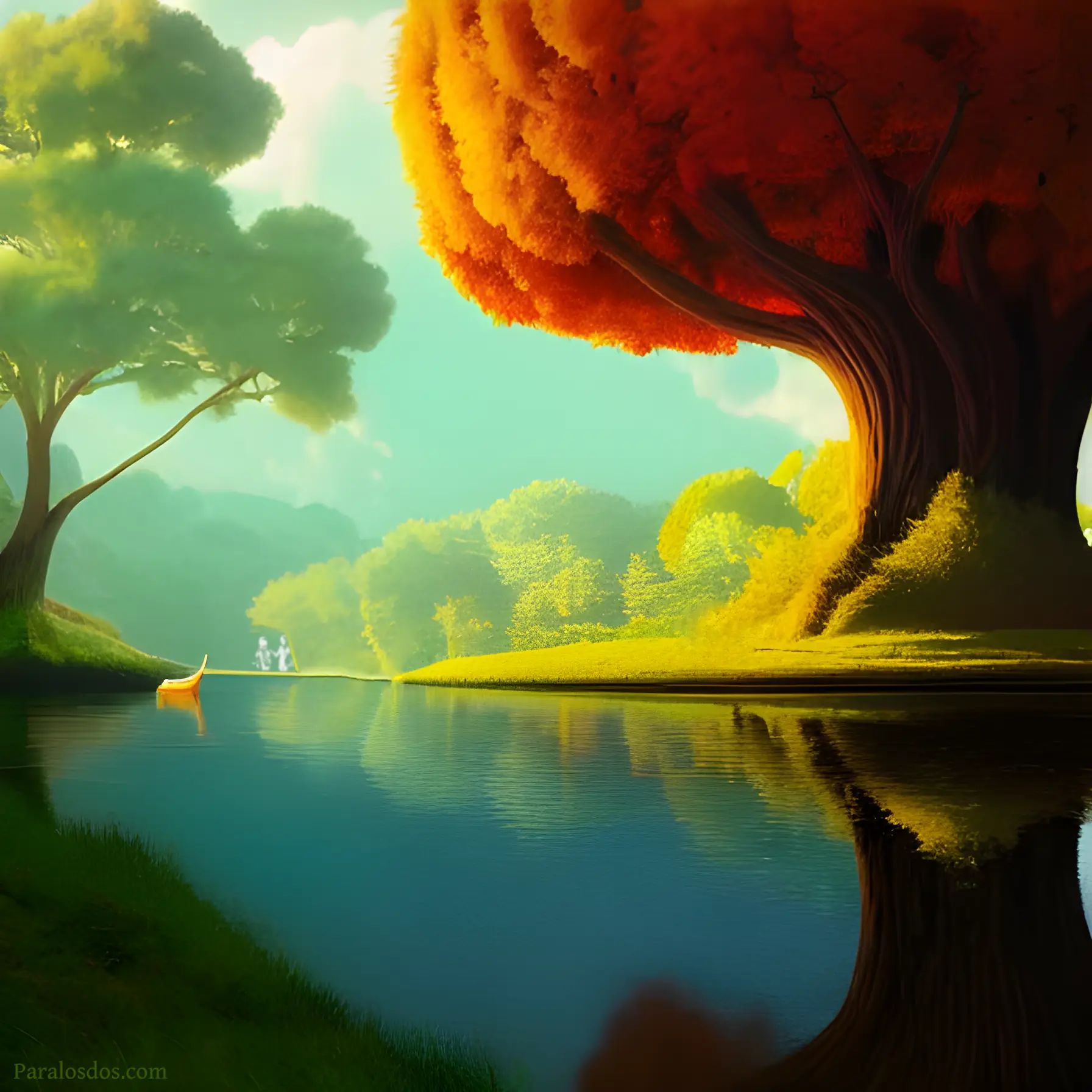 An artistic rendering of a peaceful lake on a beautiful day.
