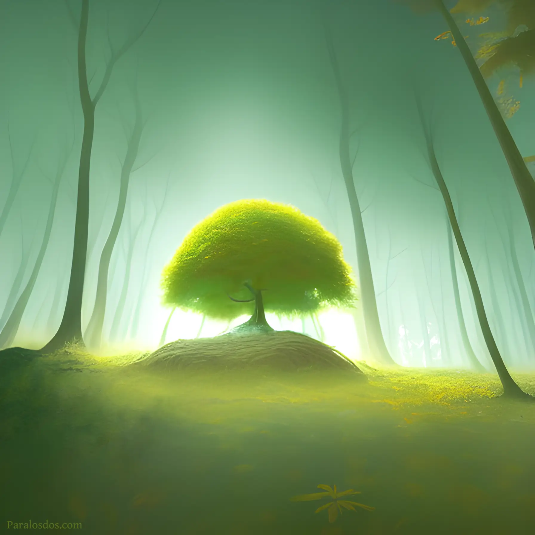 An artistic rendering of a lone bell shaped tree backlit in a forest of tall thin trees.