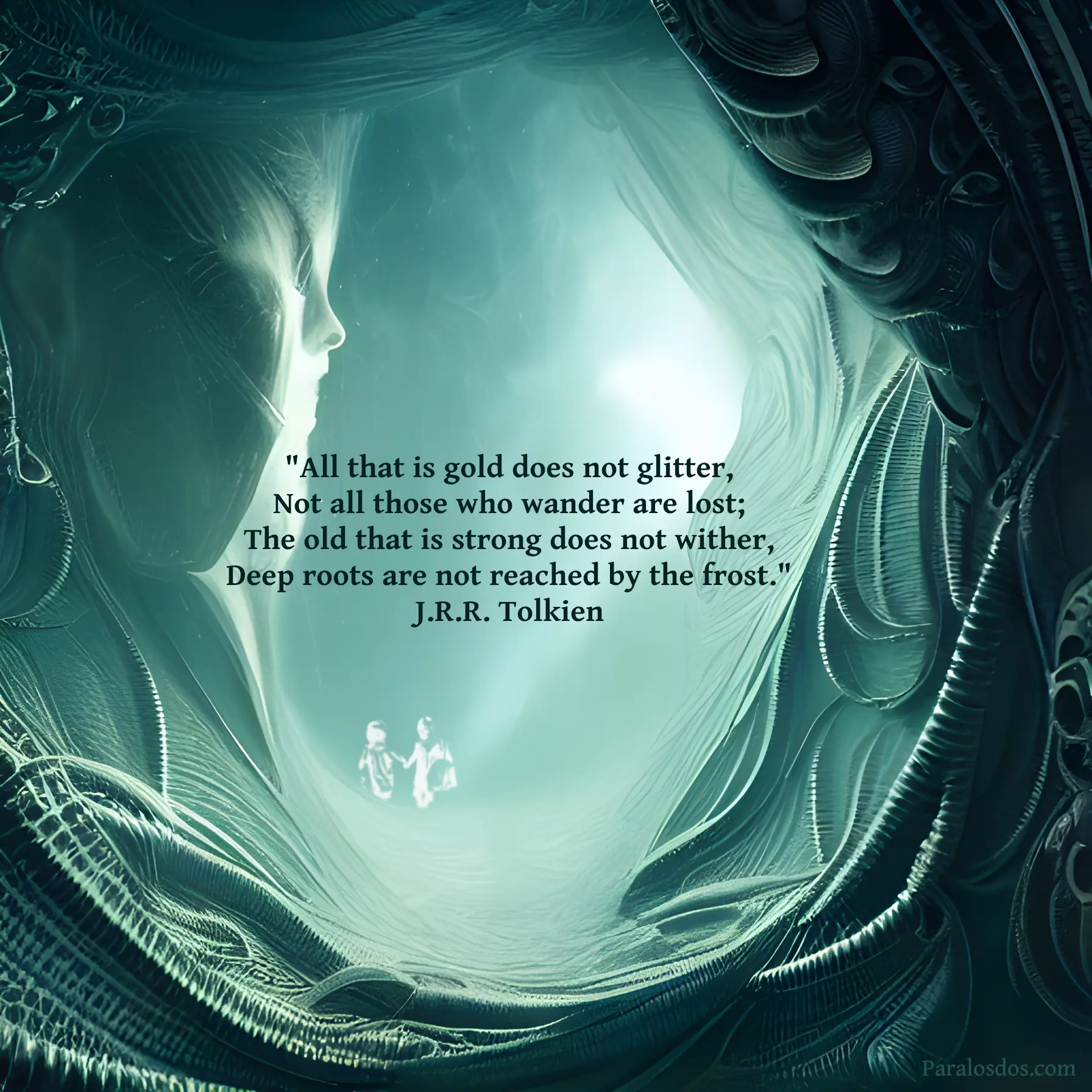 A fantastical artistic rendering of an alien-like ethereal cave. The quote reads: "All that is gold does not glitter, Not all those who wander are lost; The old that is strong does not wither, Deep roots are not reached by the frost." J.R.R. Tolkien