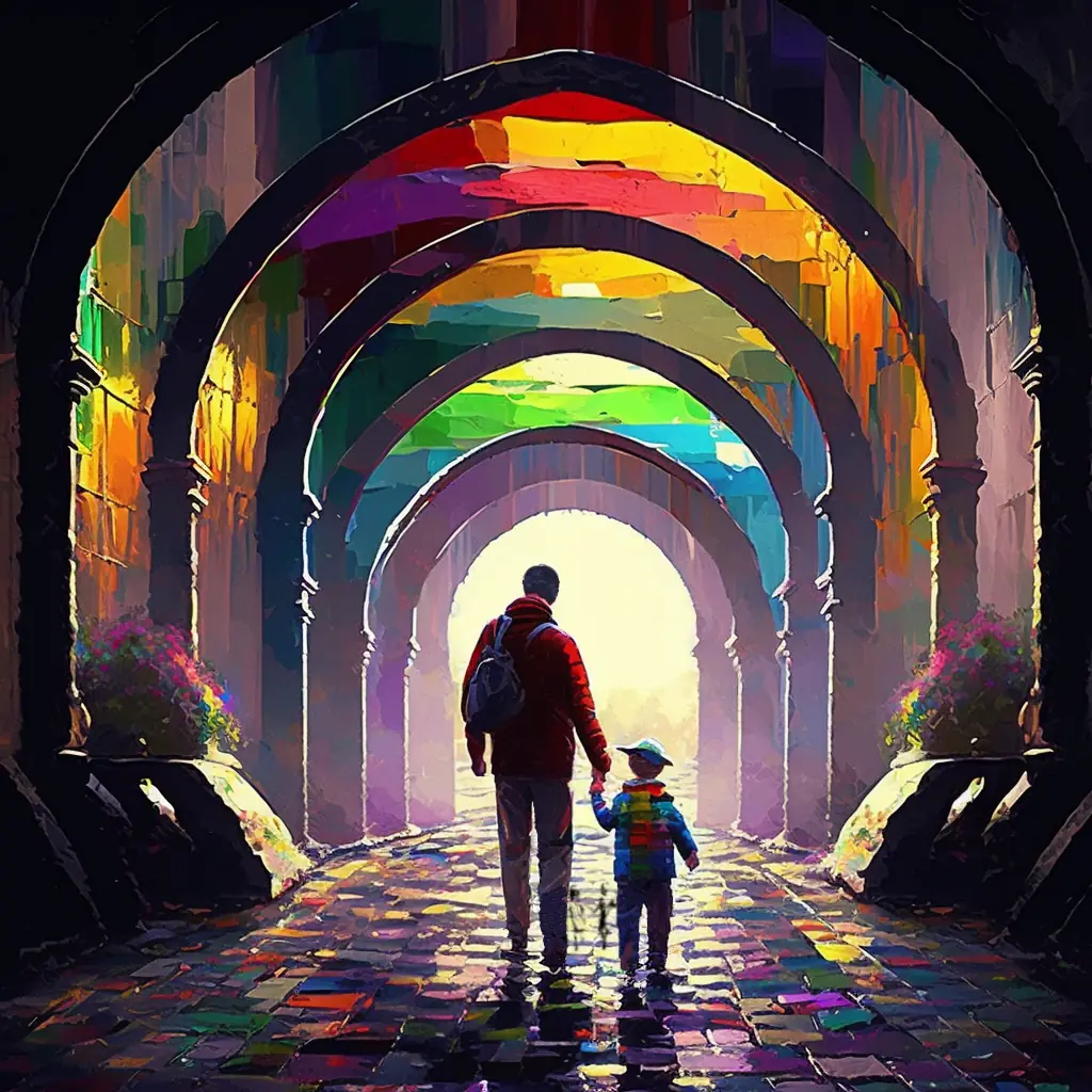 A colourful artistic rendering of a boy and his dad walking out towards an open doorway.