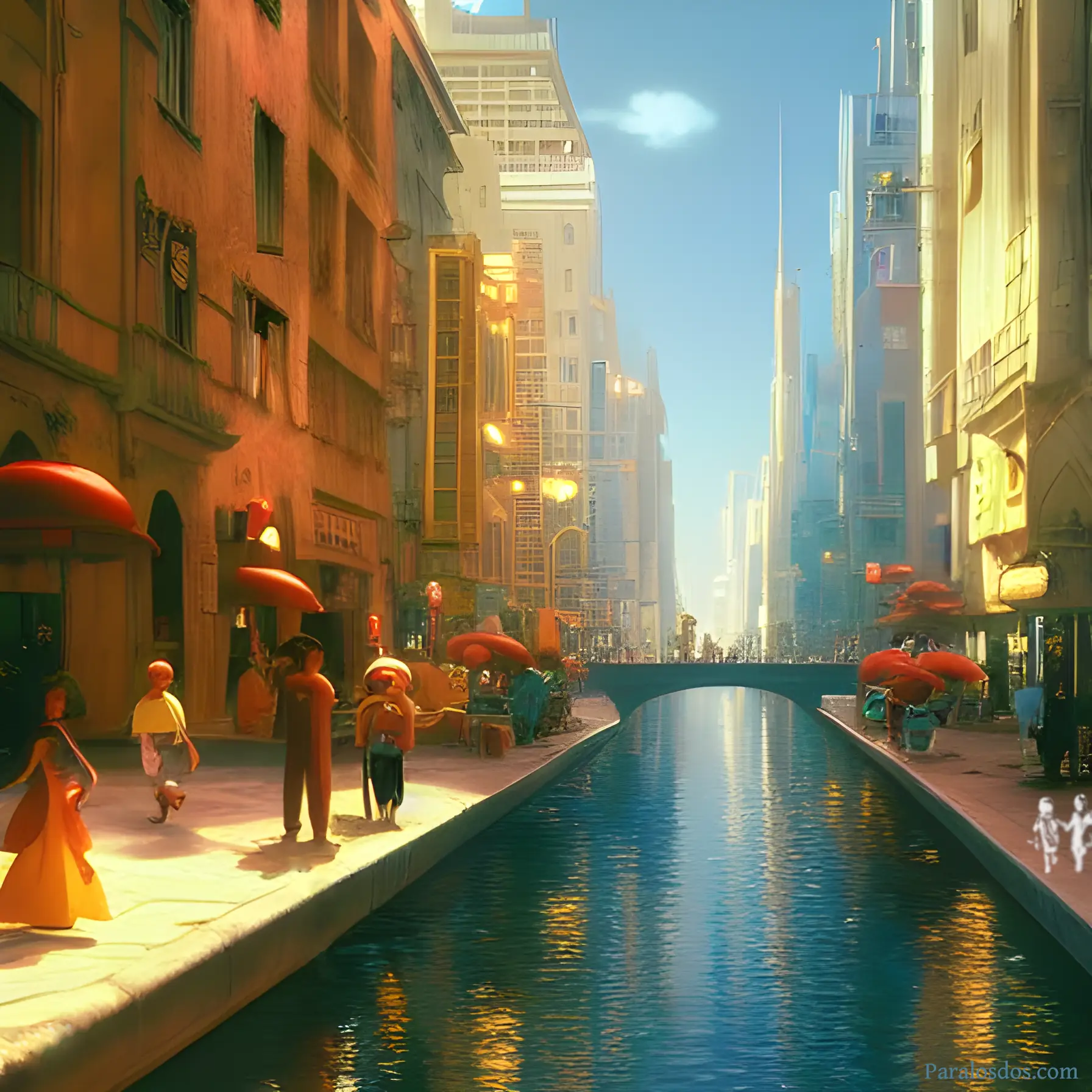 An artistic rendering of café side walks on either side of a canal in a big city.