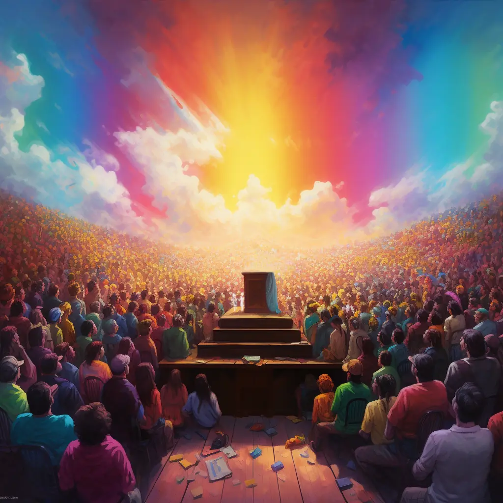 A colourful artistic rendering of a sea of people surrounding an empty stage with a podium on it. They are all facing towards a clear blue sky that looks like it is on fire in the center of the image.
