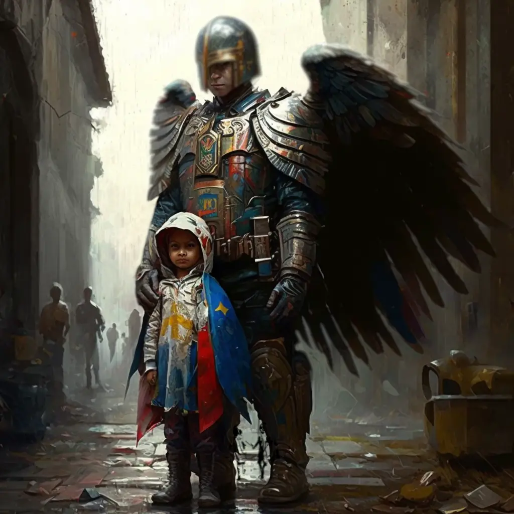 
A colourful artistic rendering of an angel/knight standing behind a fierce little boy who looks capable and determined.
