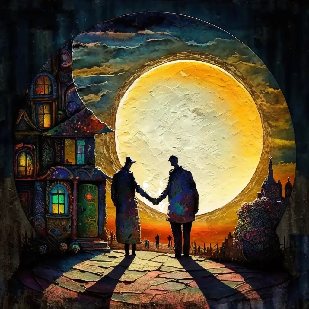 An artistic rendering of two people shaking or holding hands. They could be facing either way, or different ways. There is a huge moon in the background enveloping them.