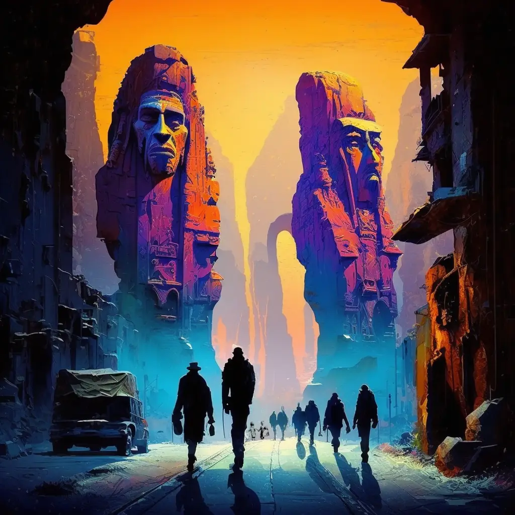 An artistic rendering of figures walking down a road in a crumbling city. They are walking towards and past two huge, decaying, statues of severe looking men.