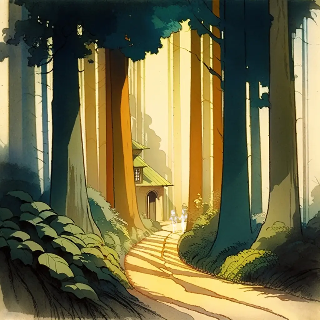 An artistic rendering of a path through the woods.