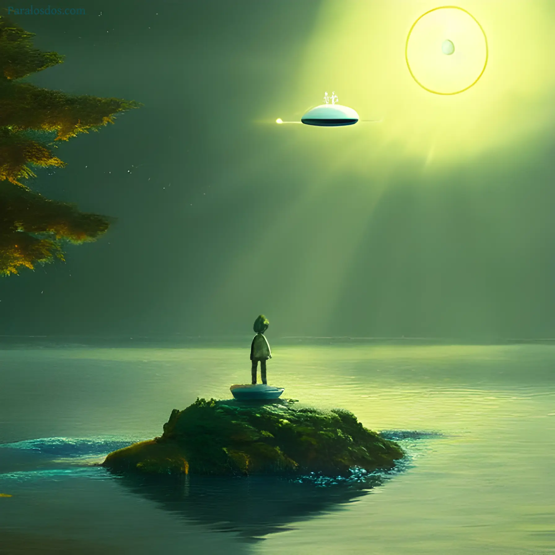 An artistic rendering of a figure standing on a very small, bare, island. There looks to be some sort of alien craft in the sky.