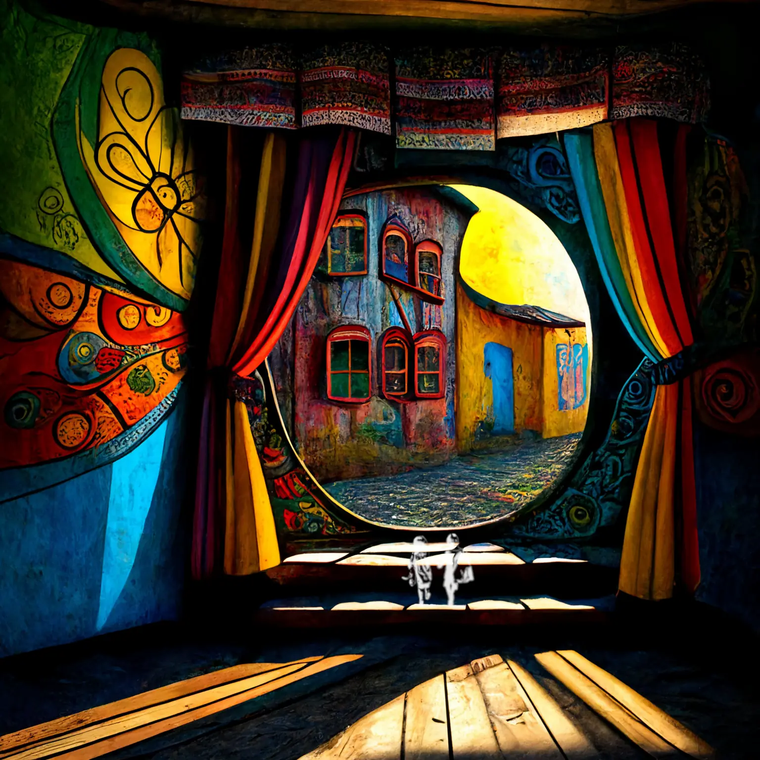 A colourful artistic rendering of some steps leading out of a building onto a cobblestone path. The exit is a round opening in the wall that is framed by curtains drawn and tied.